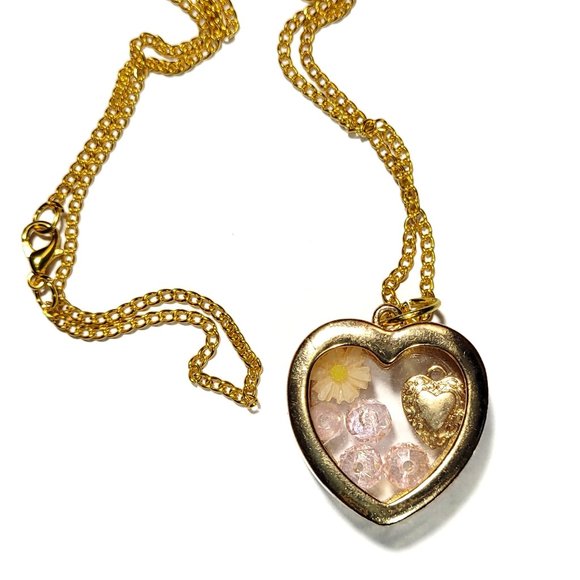 Fun Gold Plated Locket Necklace with Peach Flower, Pink Beads and Gold Heart - Picture 1 of 13